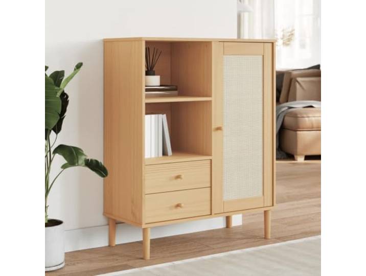 HEFZGDB Stabiles Highboard mit Wandhalterung Sicherung im Mid-Century Modern Highboard Boho-Stil Einrichtung aus massivem Kiefernholz mit UV-Lackierung und Rattan-Optik