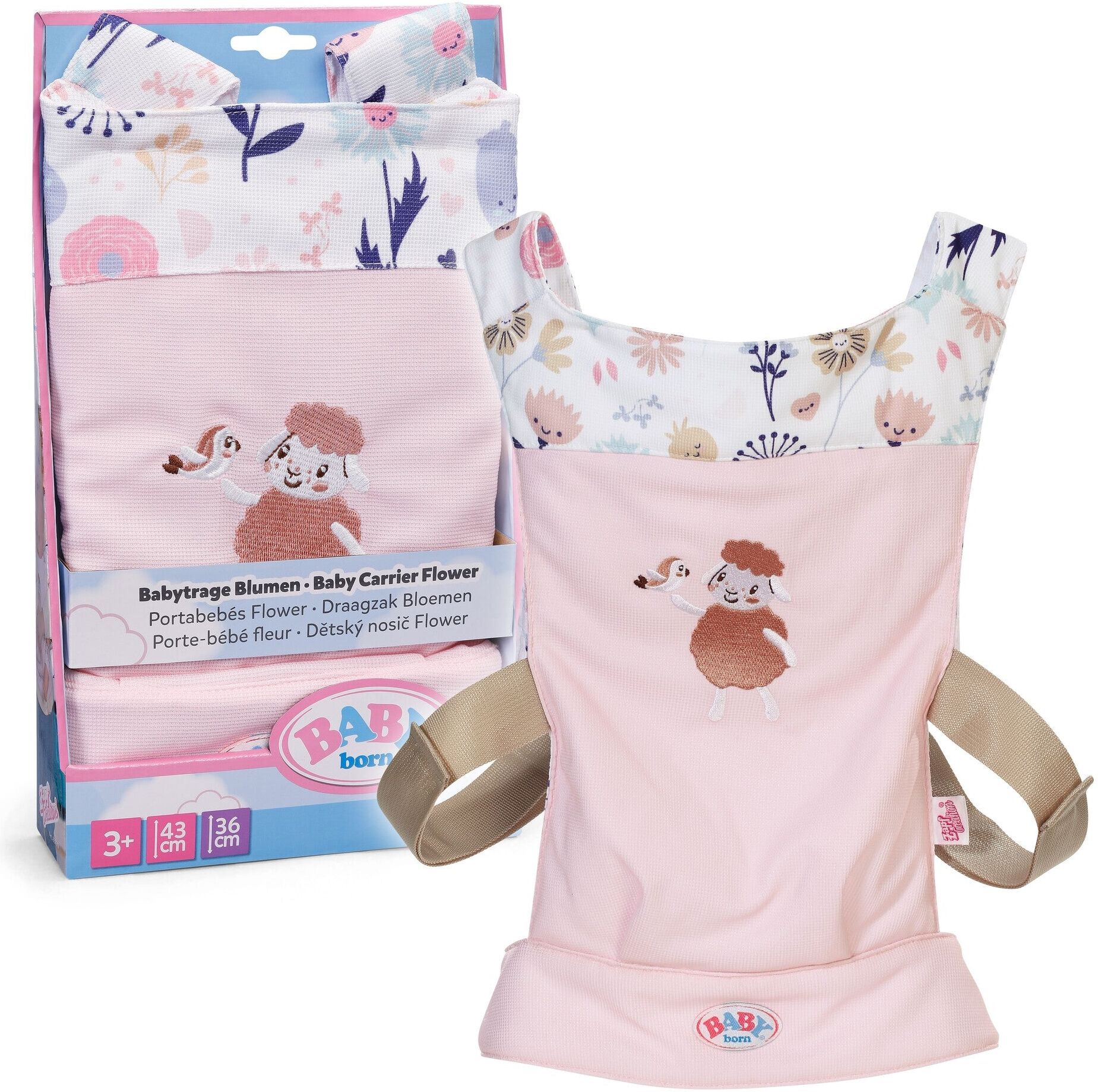 Zapf Creation BABY born Carrier Flower Doll Carrier for 36–43cm Dolls, Soft Pink Carrier with Floral Print
