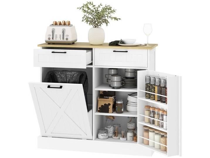 Buffet Luxera meuble cuisine rangement poubelle intégré blanc effet bois clair pratique et élégant