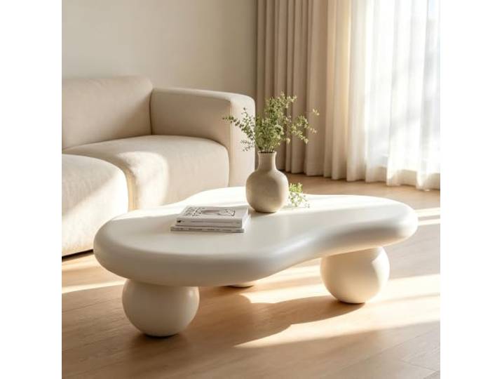 Cloud-Couchtisch, 117 cm großer Holztisch fürs Wohnzimmer, Cremeweiß Modernes Design, glatte Oberfläche, niedriger Akzenttisch für Wohnbereiche, vielseitig einsetzbar