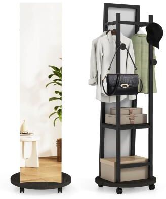 "55"" Standing Floor Mirror with Coat Rack and Lockable Wheels"