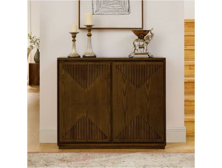 MEUBLIV Buffet bas design rainuré V bois massif et MDF marron 2 portes meuble de rangement