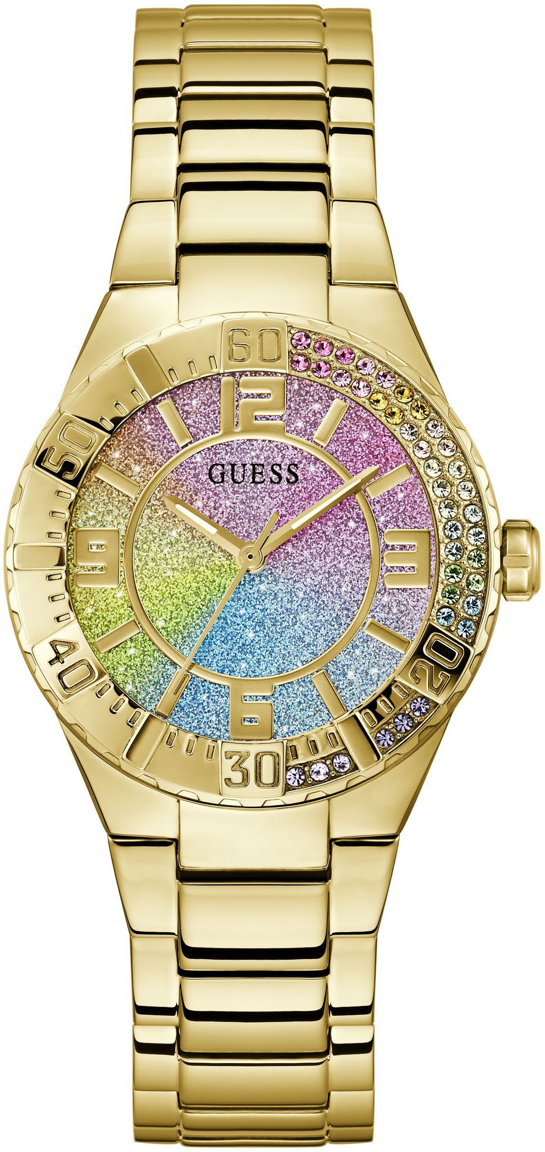 Quarzuhr GUESS "SANGRIA", gold (goldfarben, bunt), Armbanduhren, Damen, goldfarben, Quarzuhr, Armbanduhr, Damenuhr, Edelstahlarmband