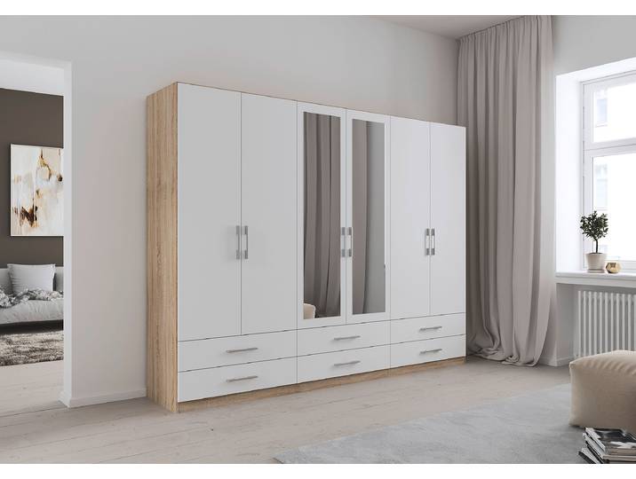 Drehtürenschrank Hersbruck-Extra 271cm Holz/Weiß/Alpinweiß/Eiche Sonoma Dekor 2 Spiegeltüren