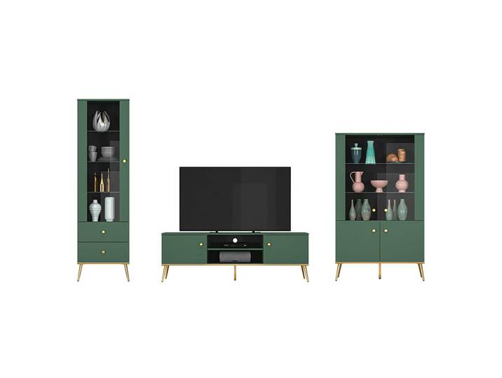 Feldmann-Wohnen Wohnwand Forest 3-teilig dunkelgrün / gold, Grün, 7 Fächer, 2 Schubladen, Rechteckig, 307x190x40 cm, Wohnzimmer, Wohnwände