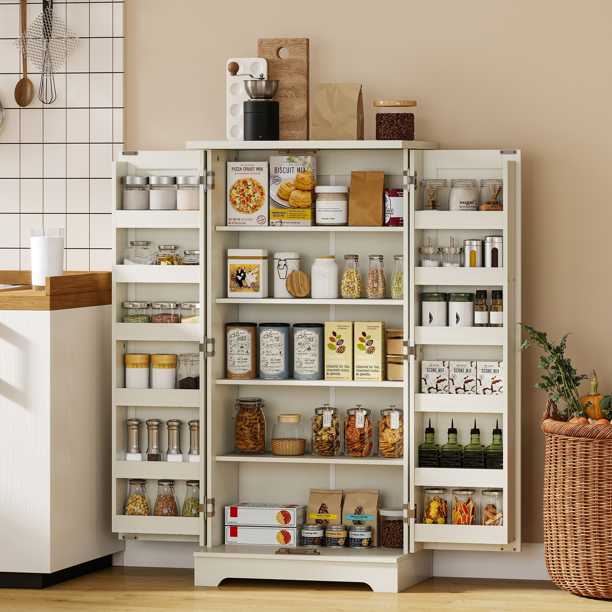Homcom Credenza Cucina Rustica con 12 Portaspezie, Ripiani Regolabili e 2 Ante, 60x40x120 cm, Crema   Aosom Italy