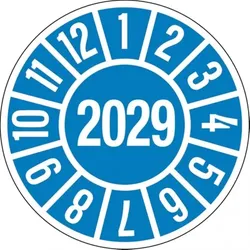 König Werbeanlagen Dreifke® Jahresprüfplakette blau/weiß 2029 - 35 mm Dokumentenfolie selbstklebend