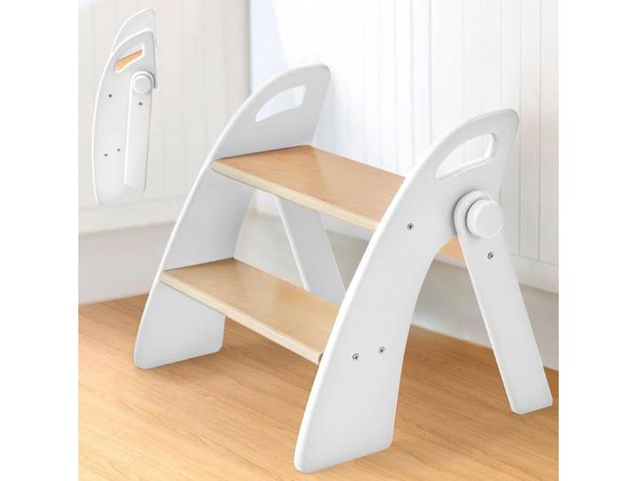 Marche-pied pliable 2 marches en bois pour enfants - capacité 130 kg tapis antidérapant et poignées - blanc