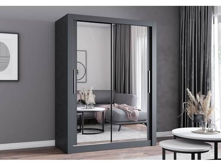 Easy4You MN Grau Schiebetürenschrank Kleiderschrank 180x215x64 cm mit Spiegel - Schlafzimmermöbel, Aufbewahrung – Mehrzweckschrank mit 2 Kleiderstangen