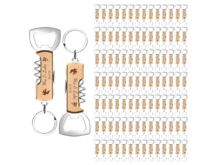 100 Stück Personalisierter Flaschenöffner Schlüsselanhänger Holz mit Beidseitige Gravur Korkenzieher Geschenk für Weihnachten Geburtstag Jubiläum Hochzeit