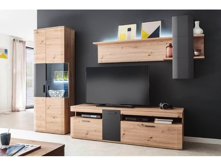 Wohnwand Anbauwand Cortona , Balkeneiche / anthrazit , 3-teilig , LED Beleuchtung 2