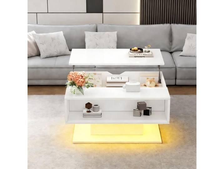 Table basse blanche laquée brillante avec vérin hydraulique rangement semi-ouvert design géométrique salon ergonomique 80x75x40cm