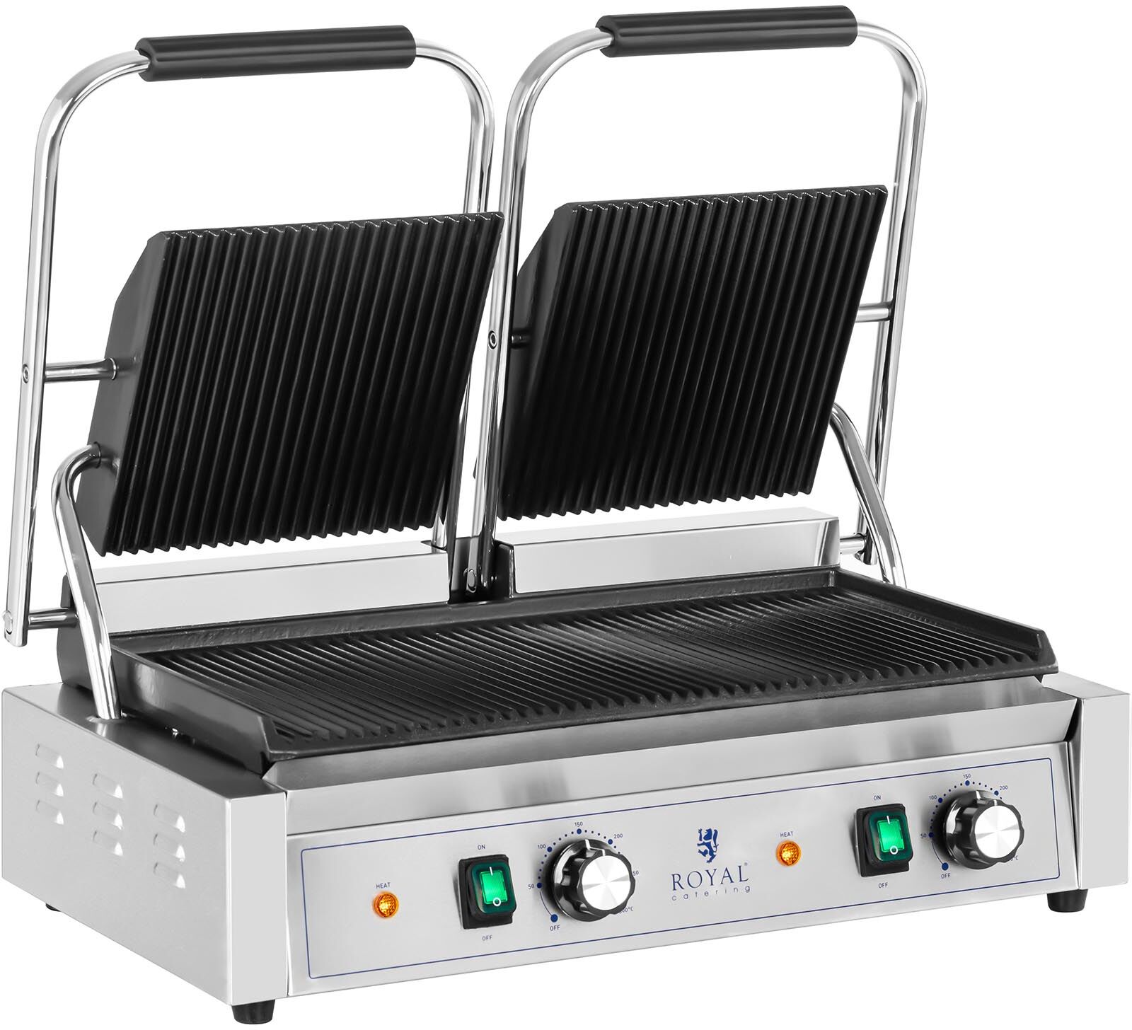 Royal Catering Piastra per panini, toast e bistecchiera elettrica doppia - 3600 W - Rigata RCPKG-3600-R