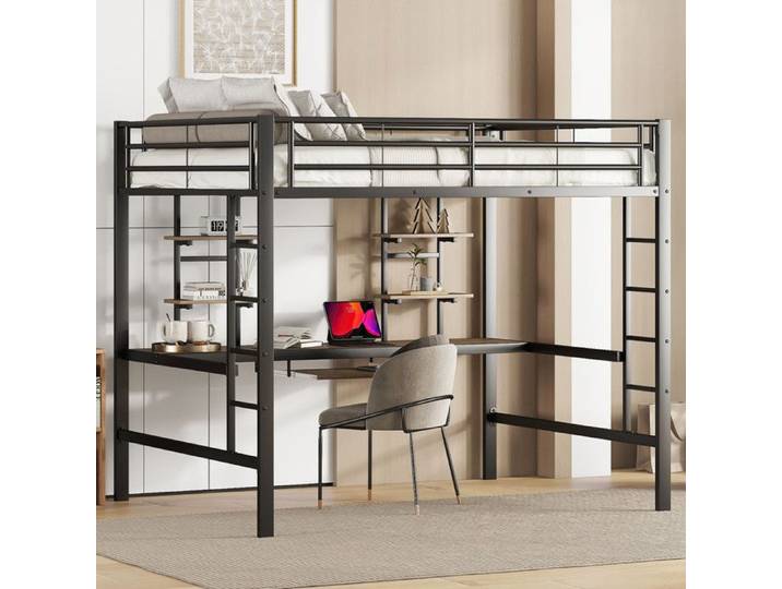 Lit Mezzanine Enfant/Adulte 140x200cm - Bureau Intégré & Rangements - Double Accès par Échelle- Certifié EN747 - Métal Noir
