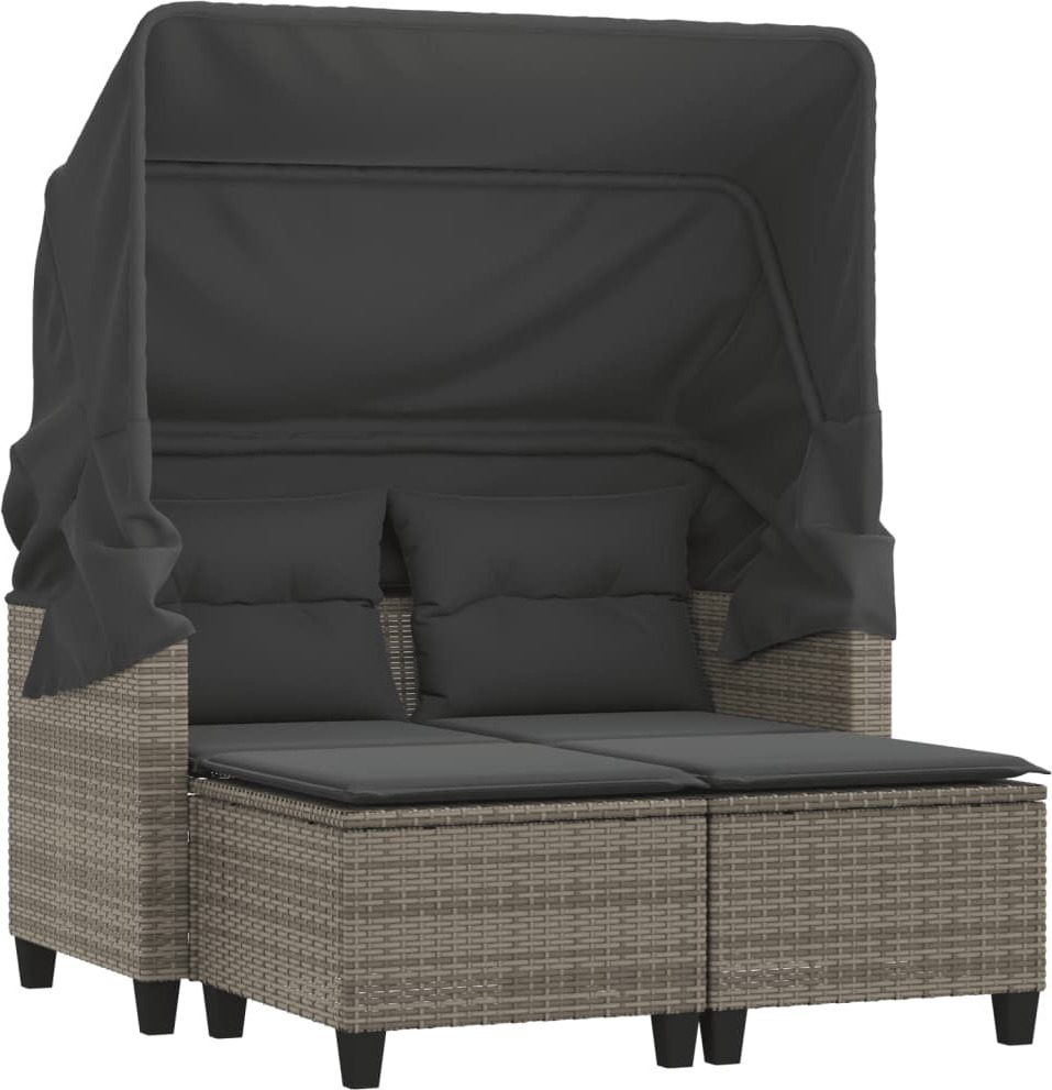 Gartensofa 2-Sitzer mit Dach und Hockern Grau Poly Rattan