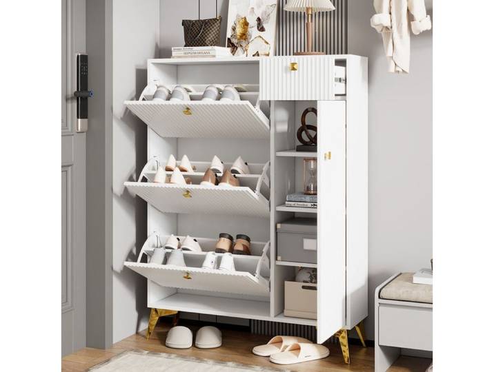 Meuble a Chaussures 3 Abattants 1 Tiroir et 1 Porte avec Etageres Reglables - BEAUNIV - Blanc 90×25×121 cm