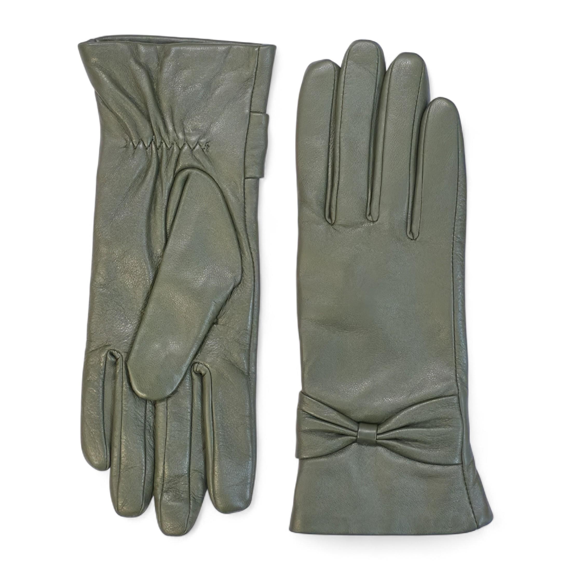 Dames olijfgroene Italiaanse leren winterhandschoenen met zachte wollen voering en strikmotief