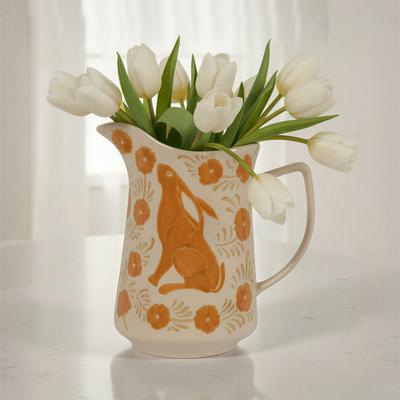 Storied Home Stoneware Pitcher with Painted Rabbit and Florals