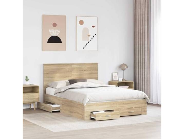 KTHLBRH Bett mit Kopfteil Eiche Sonoma 150 x 200 cm Struktur aus mehrschichtigem Holz, Schubladen, feste Latten, einfache Reinigung