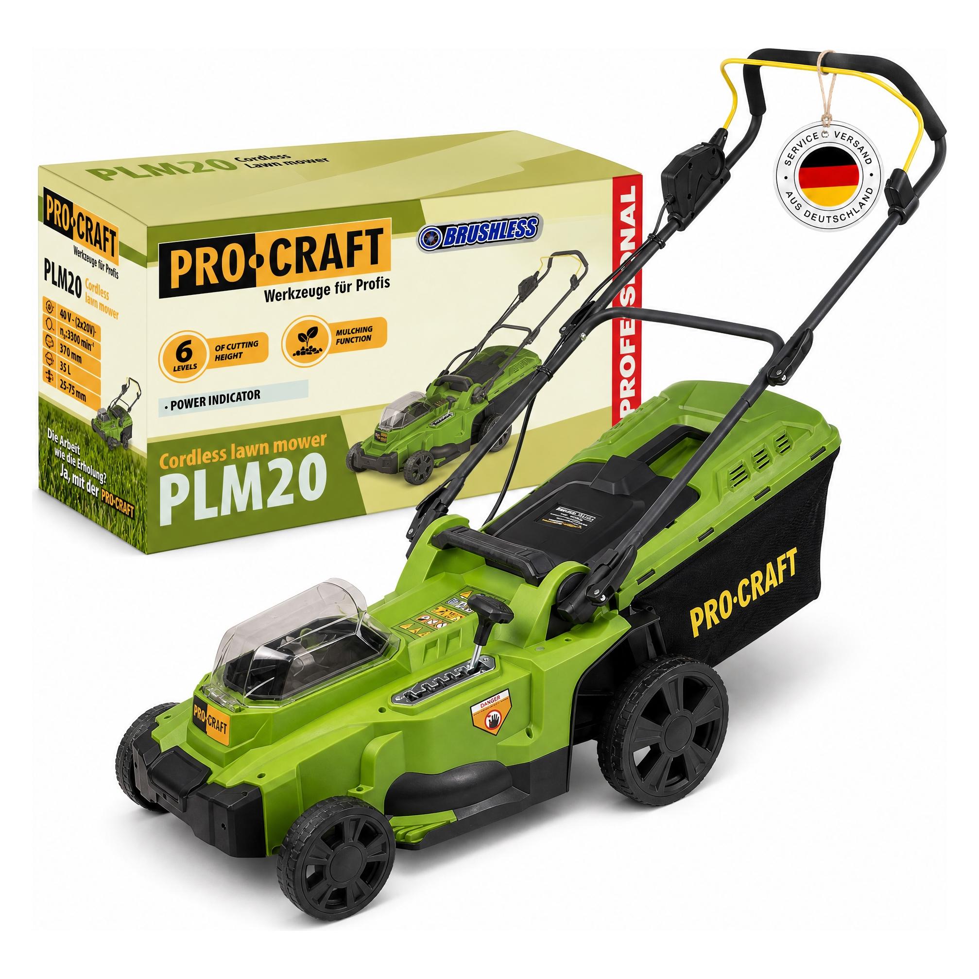 Procraft PLM20bb Akku Rasenmäher 40 V ( 2x 20 V ) 370 mm Brushless Solo - ohne Akku, ohne Ladegerät (Akkubetrieb) (PLM20bb)