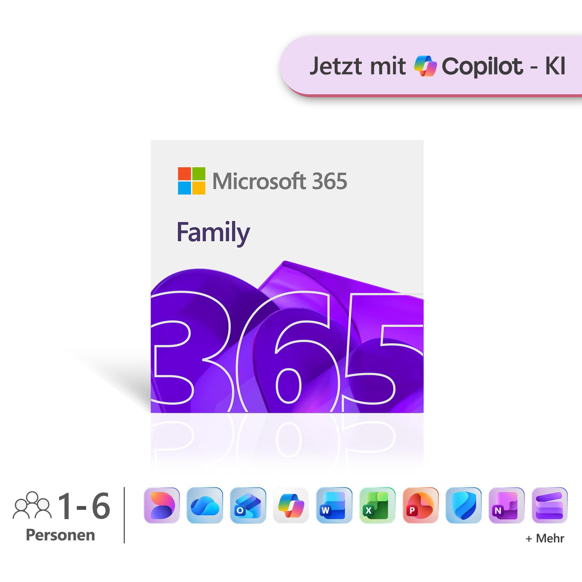 Microsoft 365 Family (Office-Apps inkl. Copilot-KI und 2TB Cloudspeicher) | Download & Produktschlüssel