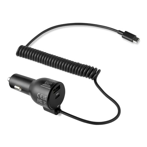 Amazon Basics snellaadbare autolader met 1 USB-C, 1 USB-A en ingebouwde spiraalkabel, 60W, zwart