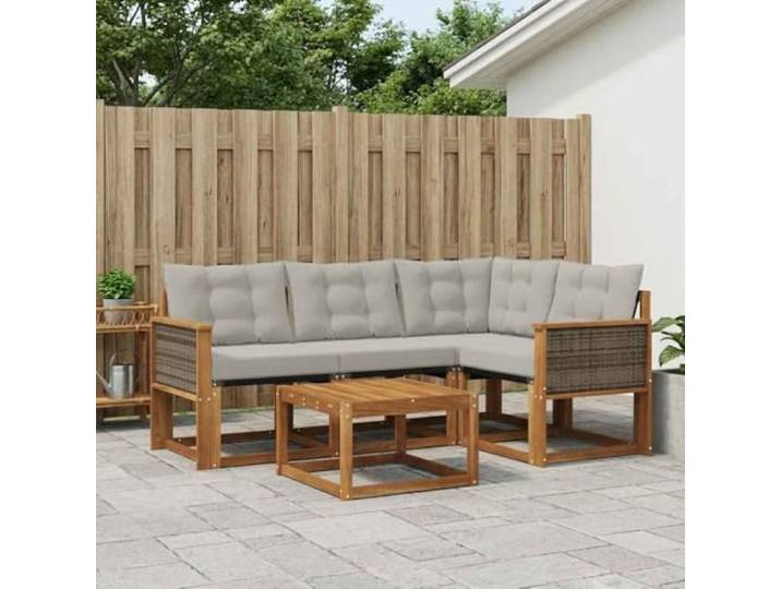 HFMDRMU 5-teilige Outdoor-Sofagarnitur mit Kissen, Akazienholz-Rahmen und Tischplatte, Textilene-Sitzfläche, abnehmbare Kissen mit Reißverschluss, Rillen-Tischplatte für Wasserablauf,