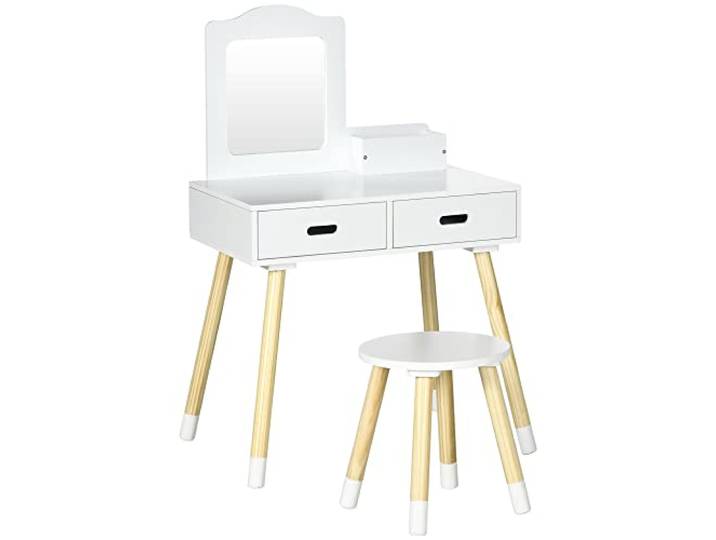Qaba Kinder-Schminktisch-Set, Spiegel, Hocker, Schubladen, 3-6 J., Weiß Schminktisch und Stuhl-Set, Make-up-Ankleidetisch