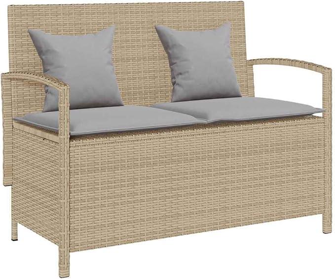 Gartenbank mit Stauraum und Kissen aus Poly Rattan in Beige, wetterfeste Sitzbank mit Armlehne und Rückenlehne, Outdoor Möbel für Terrasse, Balkon oder Wintergarten