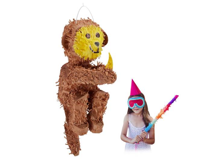 Relaxdays Pinata Braun Gelb Affe zum Aufhängen, Papier, Wellpappe, 20x59x29 cm, Dekoration