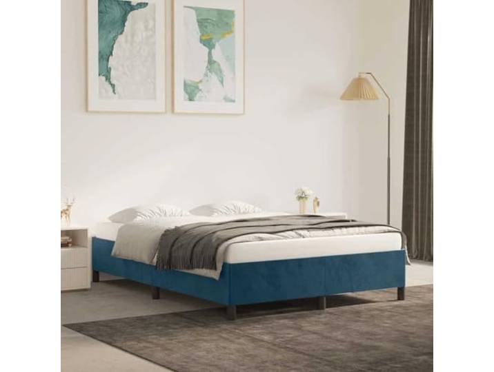WDGJJFECNMUEHI Samt Stützbein Bettgestell Schlafzimmer 140 x 200 cm Blau Bettgestell ohne Matratze Dunkelblau 140x200 cm Samt mit Kopfteil Stabiler Lattenrost Holzfuß Schlafzimmer Möbel