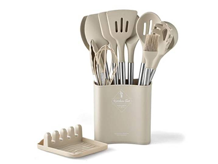 MRKU 13-teiliges Küchenutensilien-Set aus Silikon mit Halter, Edelstahlgriff, hitzebeständig, antihaftbeschichtet, BPA-frei, Löffel, Spatel
