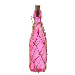 MARELIDA LED Dekoflasche mit Lichterkette Juteseil Leuchtflasche H: 28cm pink