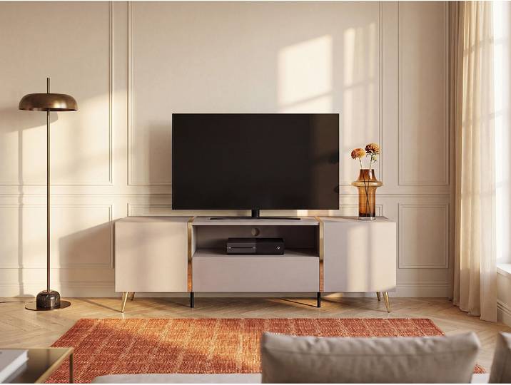 TV-Möbel mit 2 Türen, 1 Schublade & 1 Ablage - Beige & Goldfarben - MARZIALO