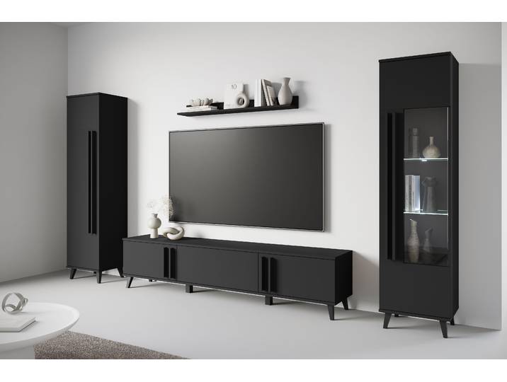 Wohnwand HOME AFFAIRE Helsinki, Modernes Set mit verglaster Vitrine , schwarz (graphite schwarz matt), B:260cm H:159,5cm T:33cm, Holzwerkstoff, Kastenmöbel-Sets, Wohnwand, mit lamellengriffen, verstellbaren Einlegeböden und Kunststofffüßen