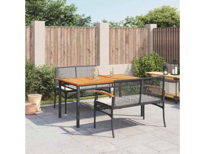 HEFZGDB 3-TLG. Garten-Essgruppe mit Kissen Schwarz Poly Rattan, Outdoor Esstisch und Stühle Set mit Akazienholz Tischplatte, PE Rattan Gartenmöbel für Terrasse, langlebig