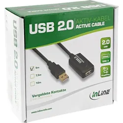 INLINE USB 2,0 Aktiv-Verlängerung, mit Signalverstärkung "Repeater", Stecker A an Buchse A, 5m