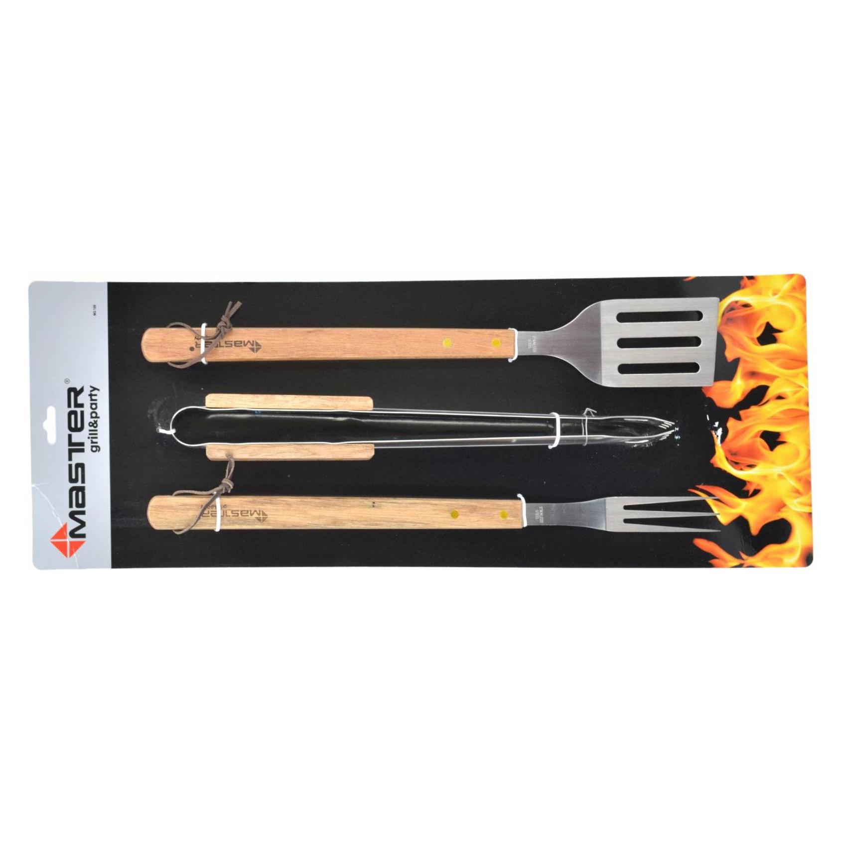 Master 4U-Onlinehandel 3tlg Grillbesteck Set Edelstahl Grillset Grillwender Grillzange Fleischgabel BBQ Gri (MG109)