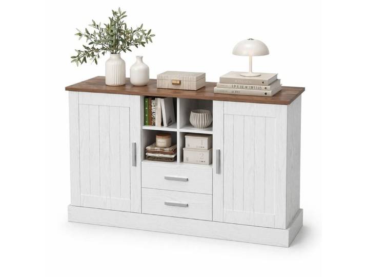 Buffet enfilade 140x40x79 5 cm 2 portes 2 tiroirs 4 compartiments ouverts effet bois blanc marron soft-close FOLYNA