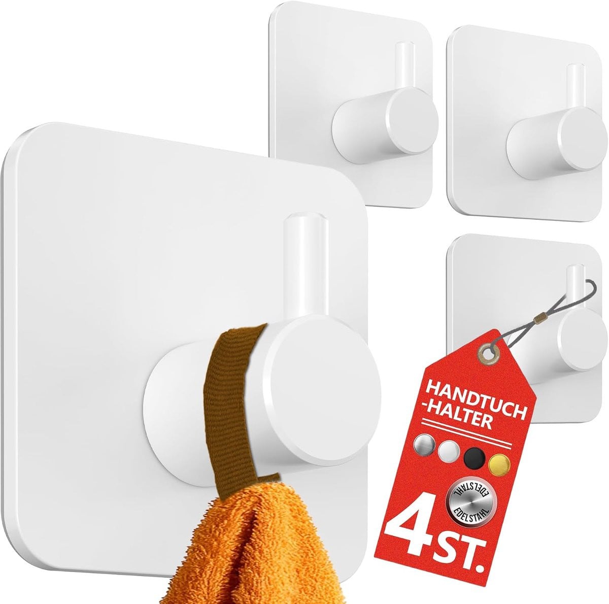 4smile Handdoekhouder zonder boren, 4 stuks, Wit, Zelfklevende roestvrij stalen handdoekhaken voor badkamer en keuken