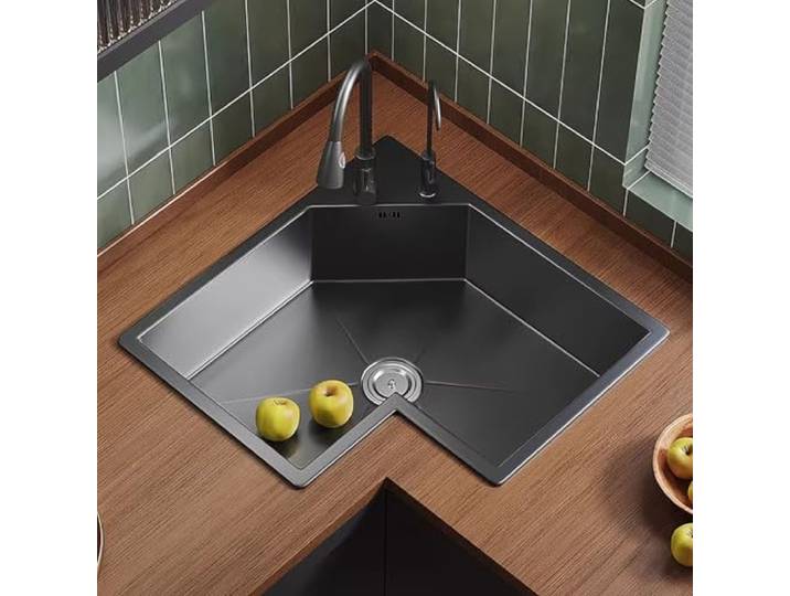 Eckspüle Küche aus Edelstahl 304, Einbauspüle, Küchenwaschbecken mit Ausziehbarer Armatur und Ablaufgarnitur, Geeignet für Privathaushalte, Bars und Hotels(Black,55x55cm/21.6x21.6in)
