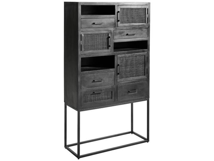 Ambia Home Highboard, Schwarz, Metall, Mangoholz, Rattan, massiv, 5 Schublade(n) Schubladen, 90x160x37 cm, Holzmöbel, Kleinmöbel Holz, Holzkommoden, Highboards Holz