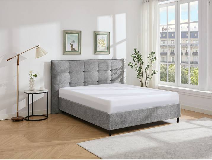 Bett mit gestepptem Kopfteil + Matratze - 180 x 200 cm - Stoff - Grau - NIRPIO