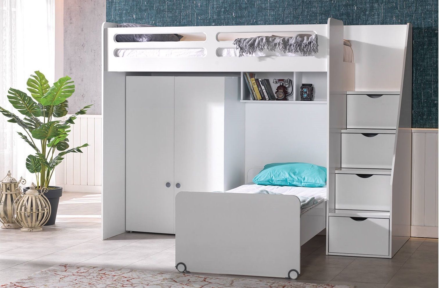 Hochbett-Set Smarti 3-teilig mit 2 Schlafplätzen Weiß
