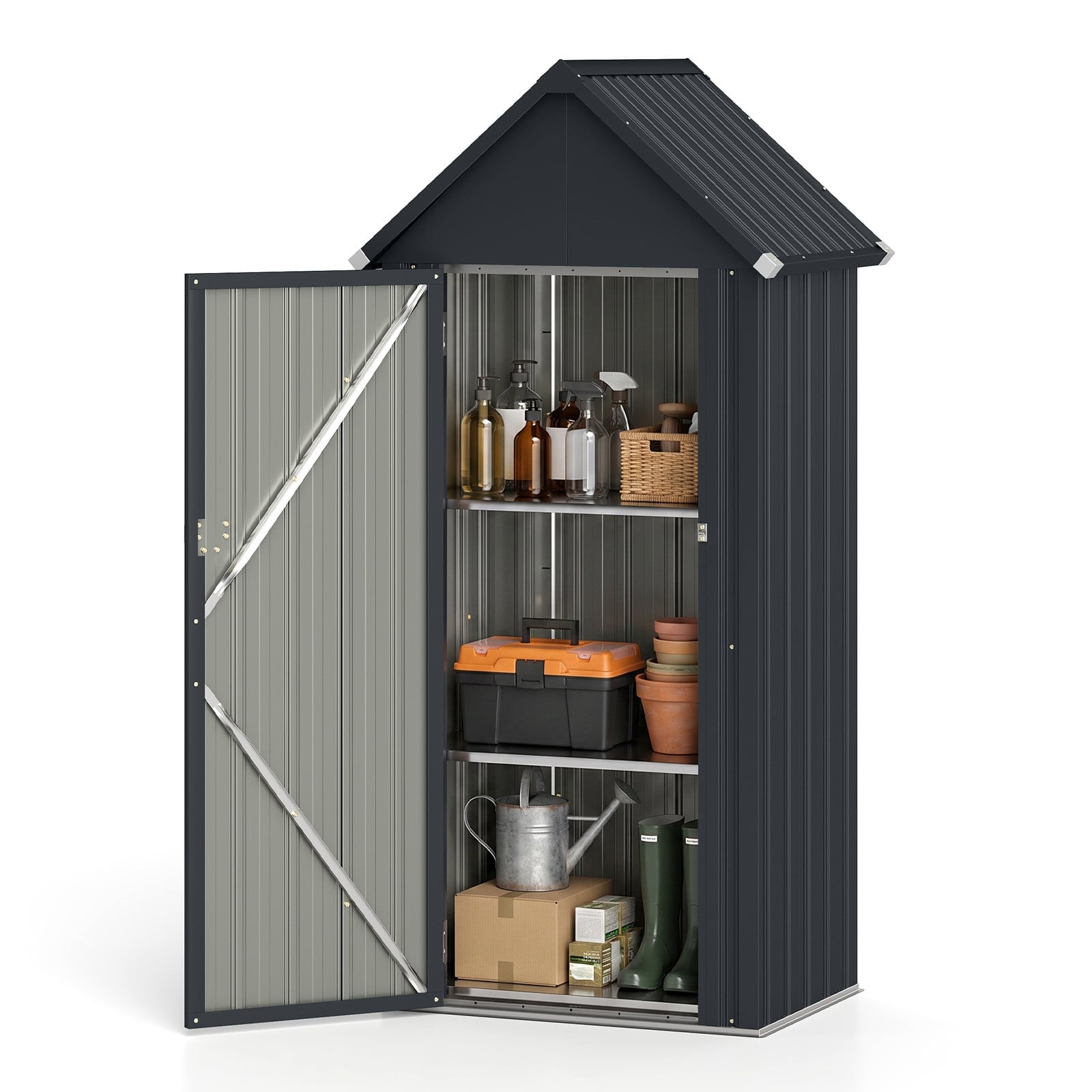 Costway Metalen Tuinschuur met Afsluitbare Deur, Weerbestendig Tuinhuisje voor Buiten, Zwart