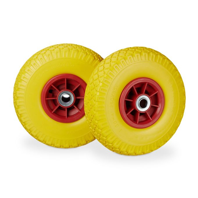 Relaxdays 8x Steekwagenwiel PU 3.00-4 geel-rood met massieve rubberbanden en 20 mm as