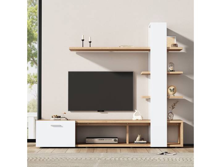 URBAN MEUBLE Ensemble de meuble TV mural de salon moderne effet chêne blanc 180x33 5x151 5cm