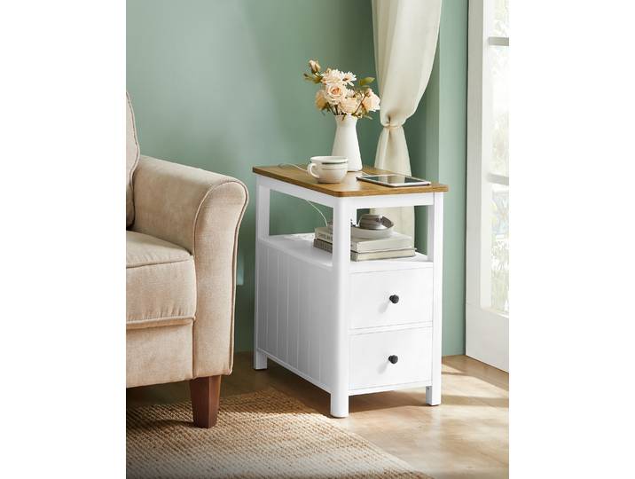Table d’appoint Iskour avec prise B 60 x 60 x 35cm Blanc/Marron/Blanc