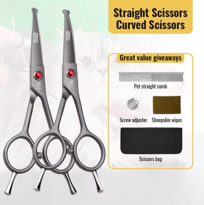 Inspire Curations Fenice SafeTip Pet Grooming Scissors Rounded Tip Face & Paw Trimming Shears 4.5straight Curved