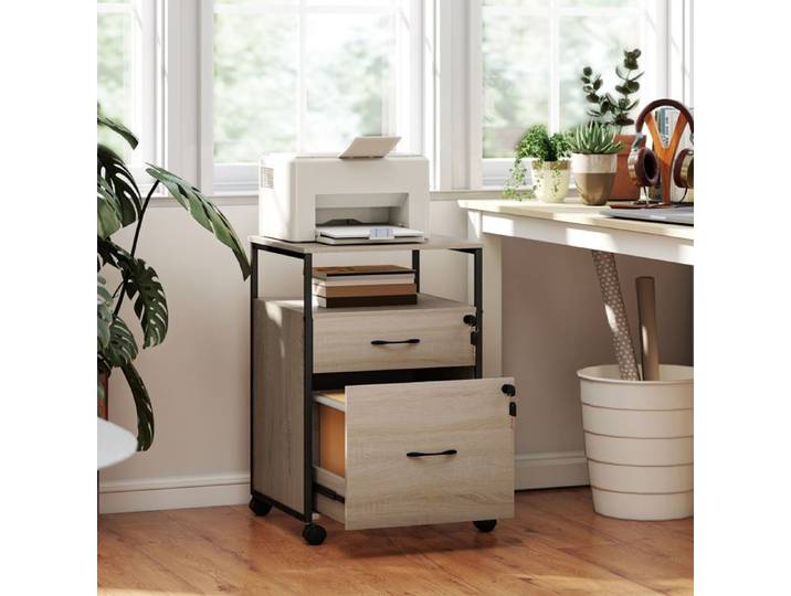 Caisson de bureau - 2 tiroirs sur roulettes - Format A4/Lettre - Aspect bois industriel - Verrouillable